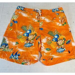 Ralph Lauren Orange Tropical Fish Print Athletic Swim Shorts